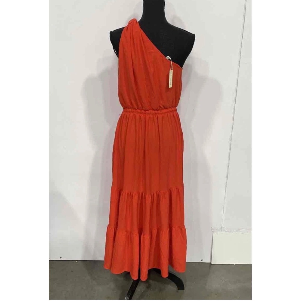 Max Studio tropical One Shoulder Tiered Maxi Dress Orange Boho Summer Size M NWT - Picture 3 of 5